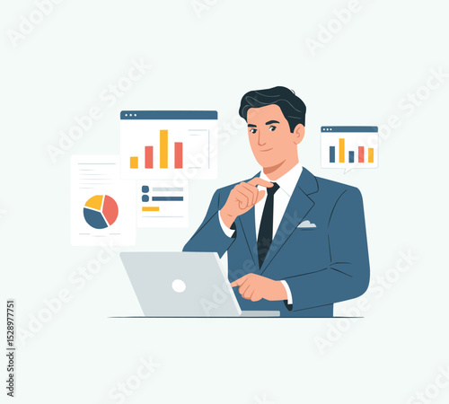Confident Analyst at Work: A sharp business analyst, immersed in data-driven insights, looks on confidently, symbolizing strategic thinking and analytical prowess.