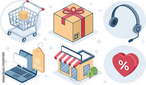 E-commerce vector icon set sleek digital illustrations of shopping cart, discount tag, delivery box, payment method, storefront, customer support headset, and wishlist heart.