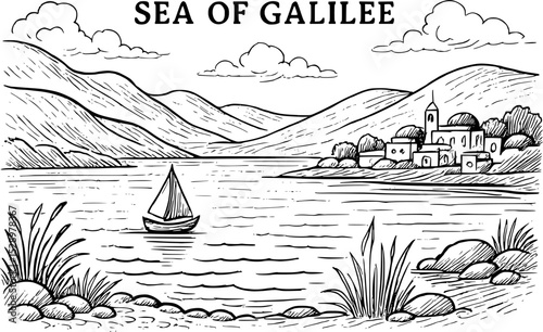 Minimalist vector line art of Sea of Galilee: clean contours, precise geography. Ideal for educational, travel, religious, cartographic designs. Scalable for digital/print applications