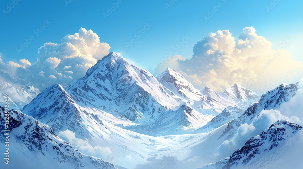 Obraz premium Stunning illustration of majestic snow-covered mountains with serene skies, capturing the beauty and serenity of nature in a peaceful setting