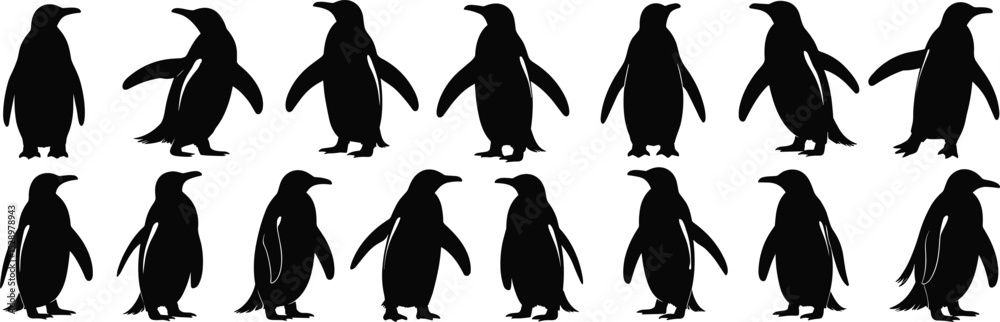 Naklejka premium Charming Penguin Silhouettes: Diverse Antarctic Birds in Various Poses, Perfect for Wildlife, Arctic, Zoo, and Nature-Themed Designs