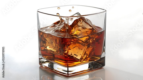 Amber liquid in a rocks glass with ice cubes splashing