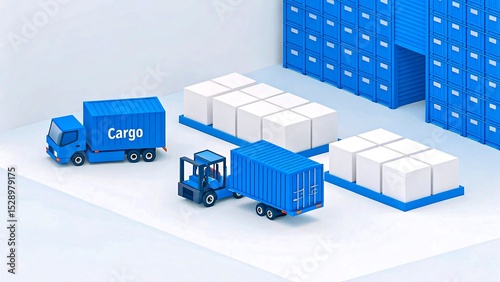 3D illustration of cargo logistics with trucks, forklifts, and shipping containers at warehouse loading area
