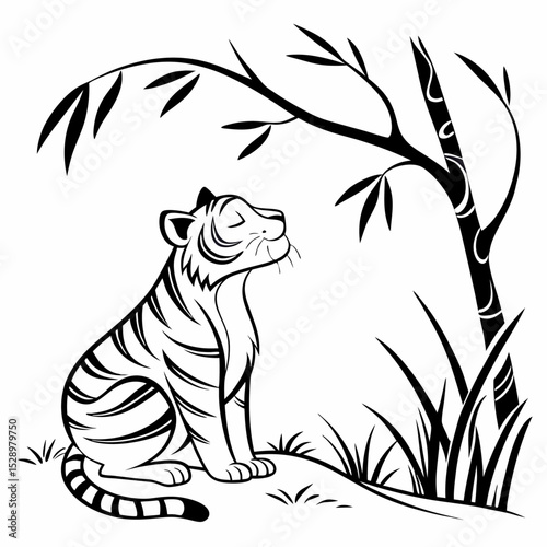 Cute Baby Tiger Sitting Calmly Under Bamboo Tree, Black and White Line Art.

