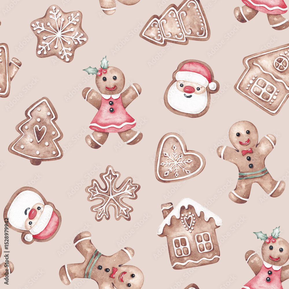 Fototapeta premium Christmas seamless pattern hand painted with watercolor. Traditional Xmas sweets - gingerbreads, candies, cakes. Cute Christmas digital paper, textile, fabric, wallpaper
