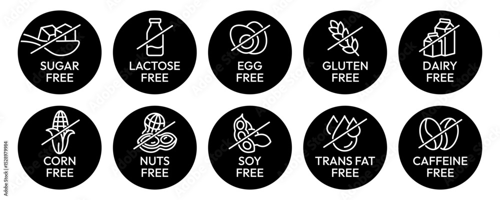Naklejka premium Set allergen free icons. Allergen free label products. Free lactose, gluten, sugar, corn, egg, trans fat, dairy, soy, nuts, caffeine, symbol, logo, badge, black, vector, isolated on white background.