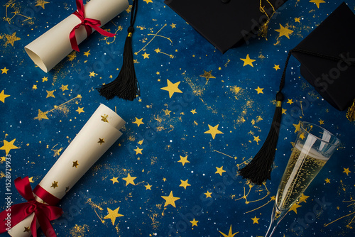 A vibrant blue background adorned with twinkling gold stars, a graduation cap with a black tassel next to an elegant open champagne flute,