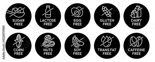Set allergen free icons. Allergen free label products. Free lactose, gluten, sugar, corn, egg, trans fat, dairy, soy, nuts, caffeine, symbol, logo, badge, black, vector, isolated on white background.