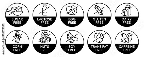 Set allergen free icons. Allergen free label products. Free lactose, gluten, sugar, corn, egg, trans fat, dairy, soy, nuts, caffeine, symbol, logo, badge, black, vector, isolated on white background.