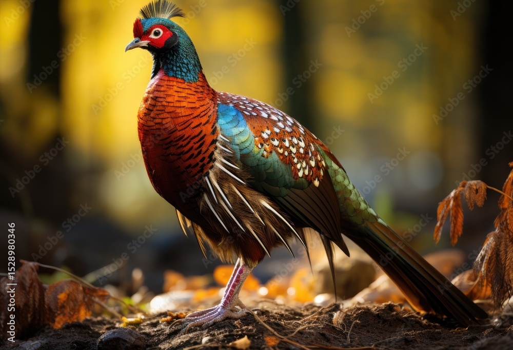 Fototapeta premium A striking male pheasant stands proudly amidst autumn leaves, showcasing its vibrant plumage in a forest that reflects the beauty of nature's seasonal changes.