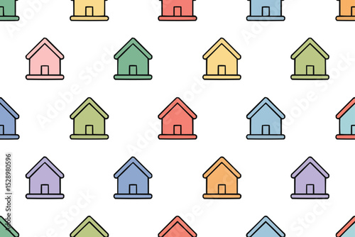Rainbow House Pattern: A cheerful and colorful seamless pattern featuring rows of small houses in various pastel shades, creating a vibrant and playful design. 