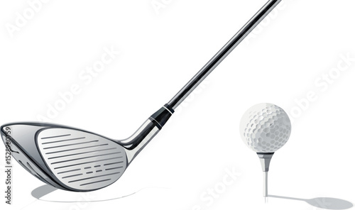 Refined Golf Vector Club Mid-Swing with Ball on Tee and Subtle Shadows, Isolated on White background.