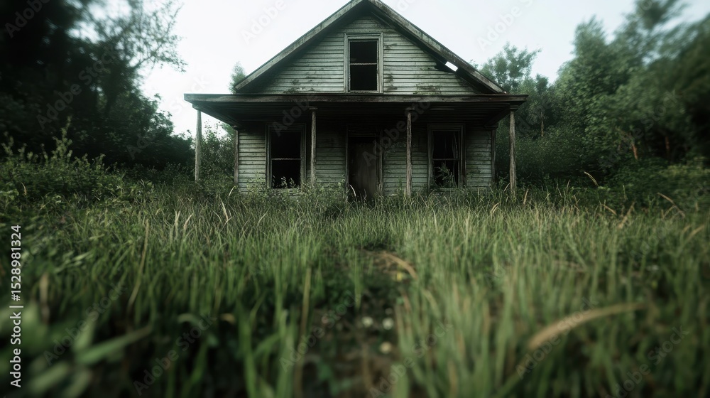 Fototapeta premium An eerie, abandoned house stands still amidst overgrown grass and wild vegetation, evoking feelings of mystery and nostalgia as nature reclaims its space in a forgotten setting.