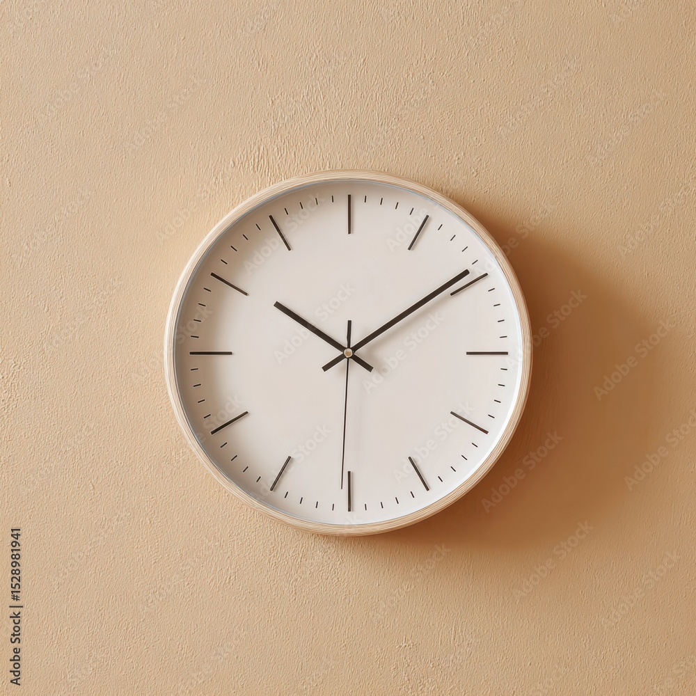 Minimalist clock on a beige wall, blending simplicity and elegance for a serene atmosphere – commercial concept image Minimalist clock on a beige wall, blending simplicity and elegance for a serene atmosphere – commercial concept image