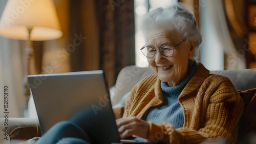 Elderly woman with glasses smiling happily using laptop home cozy warm lighting, senior enjoying technology comfortable seating and atmosphere