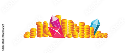 treasure of gold coins and gems with ruby ​​and crystals . vector image