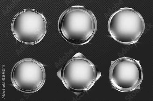 Silver metal ring frame set with chrome buttons on transparent background - glossy circular badges for interface design. Polished steel elements with gradient shine for winner or holiday decoration.