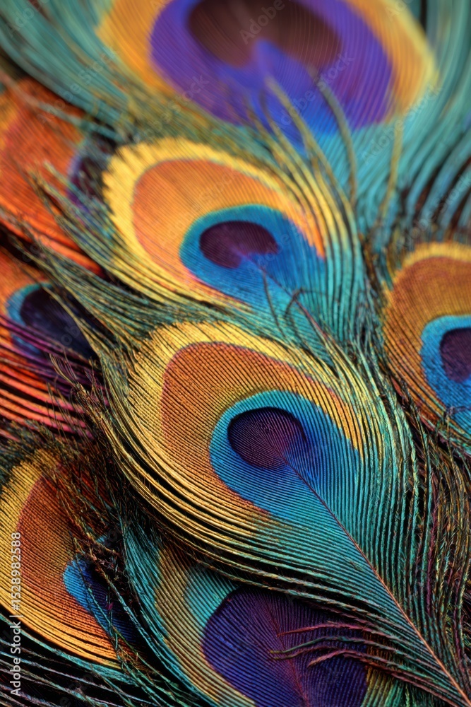 Obraz premium Captivating swirl of colors in intricate peacock tail feather detail showcasing nature’s artistry – commercial concept image