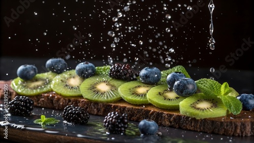 Delicious kiwi and berry toast with refreshing water drops