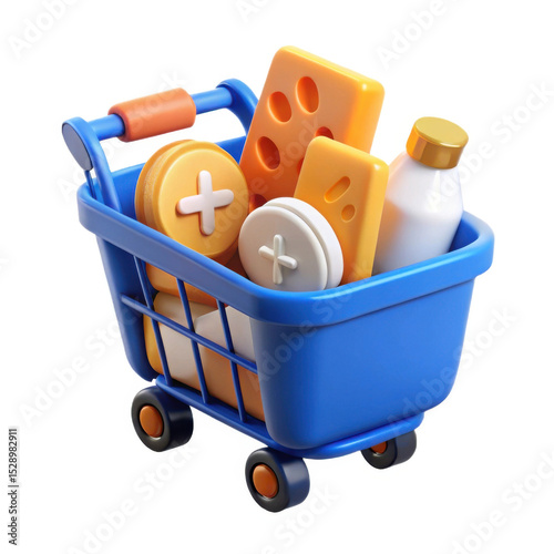 3d shopping cart with medicine and pills isolated on white background