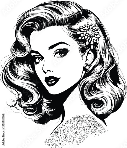 Intricate Hair & Ornate Decorative Accessory Symbol Set Featuring a Side Profile of a Woman with Voluminous, Flowing Hair Styled with a Cluster of Pearls or Gems—Representing Elegance, Detailed Artist
