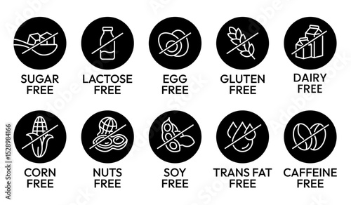 Set allergen free icons. Allergen free label products. Free lactose, gluten, sugar, corn, egg, trans fat, dairy, soy, nuts, caffeine, symbol, logo, badge, black, vector, isolated on white background.