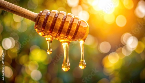 Golden honey dripping from a wooden dipper against a bokeh background