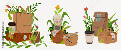 Sustainable takeaway paper package with botanical elements - coffee cups, food containers, shopping bags decorated with plants, flowers and leaves. Eco friendly kraft packaging for green businesses.