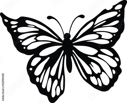 Butterfly Silhouette & Ornamental Wing Pattern Symbol Set Featuring a Graceful Black and White Butterfly with Intricate Wing Details—Representing Beauty, Transformation, and Nature’s Elegance