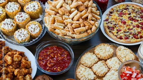 A table filled with various food items, including cupcakes, cookies, pizza, and a bowl of salsa.