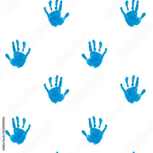 Seamless pattern of blue children's handprints. Vector illustration of chilren's palms on white backgound. International Children's Day