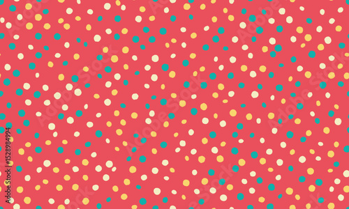 Joyful confetti pattern, perfect for backgrounds, textile designs, or celebratory projects.  Red base with scattered pastel dots creates a fun, playful vibe.