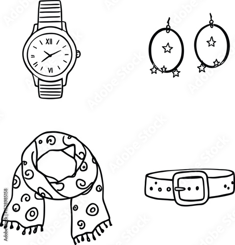 Elegant Timepiece & Fashion Accessories Symbol Set Featuring a Classic Wristwatch with Roman Numerals, Star-Adorned Hoop Earrings, a Patterned Fringe Scarf, and a Buckled Belt—Representing Timeless 