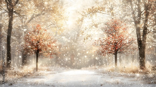 Wallpaper Mural Snowy Autumn Forest Path with Orange Leafed Trees and Gentle Snowfall in a Peaceful Atmosphere Torontodigital.ca