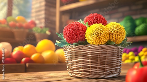 Wallpaper Mural Colorful Flowers in a Woven Basket Surrounded by Fresh Fruit and Vegetables in a Market Setting Torontodigital.ca