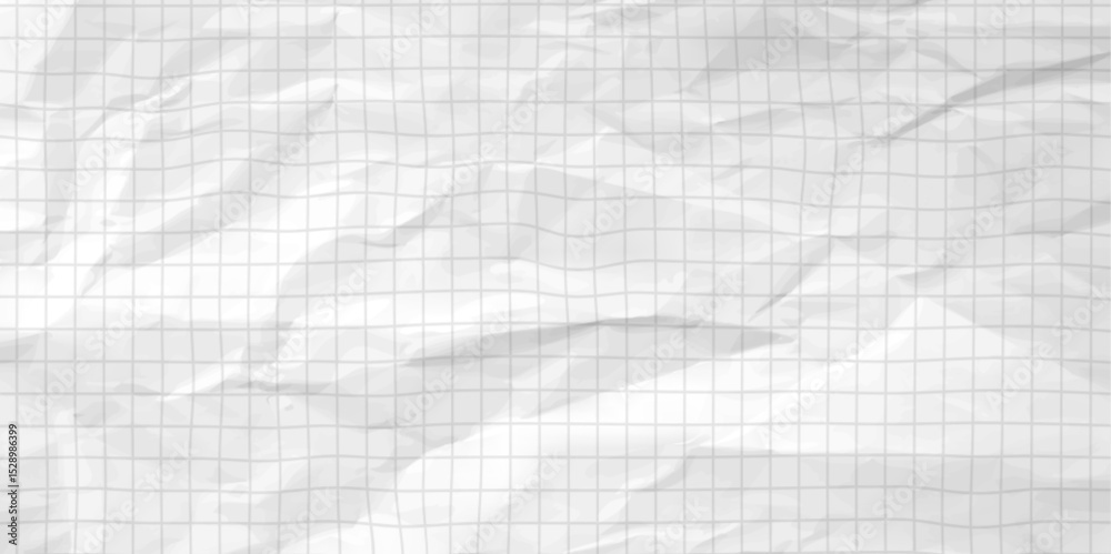 Crumpled white paper sheet with check grid lines overlay - wrinkled notebook page with mathematical graph squares, folded texture on checkered surface for school homework or office calculations.