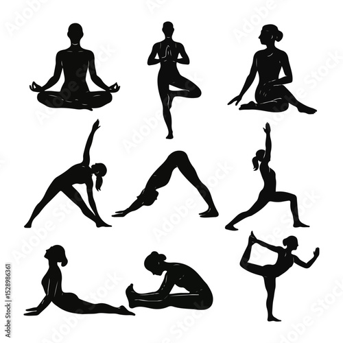 A Collection of Yoga Poses: Silhouettes of Women Practicing Various Asanas