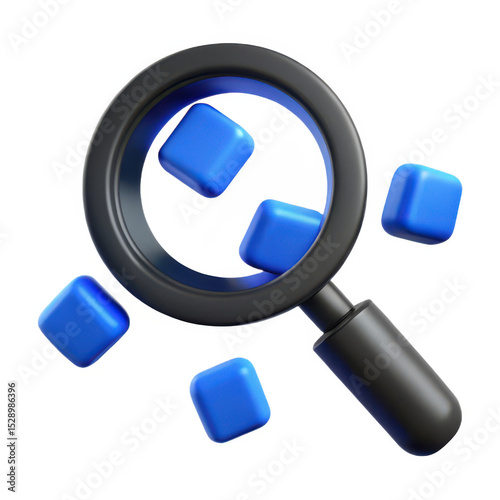 3d magnifying glass with blue cubes isolated on white background