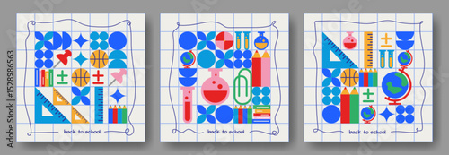 Geometric study pattern on grid paper - abstract educational shapes and school elements arranged in modern mosaic composition. Mathematics and chemistry symbols with learning tools for student design
