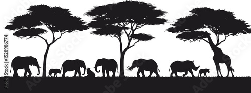 Wildlife Silhouette: African Animals Grazing Under Acacia Trees in a Landscape.