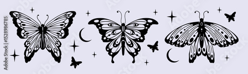 Y2K butterfly tattoo designs with celestial elements - black silhouettes with detailed wings, stars and moon symbols. Retro gothic aesthetic collection for body art, nostalgic fashion graphics.