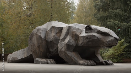Colossal Sculpted Beaver in Stone Surrounded by Greenery in a Park Setting