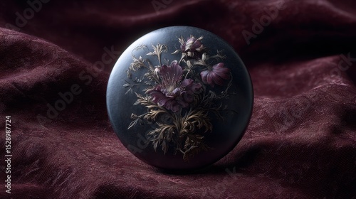 Exquisite Floral Design on Oval Fine Art Button Displayed on a Velvet Cushion Surface