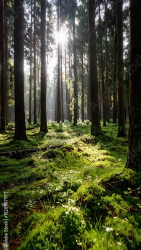Wallpaper Mural Sunlight beams shining through tall trees onto a verdant mossy forest floor, creating a peaceful and ethereal woodland scene Torontodigital.ca
