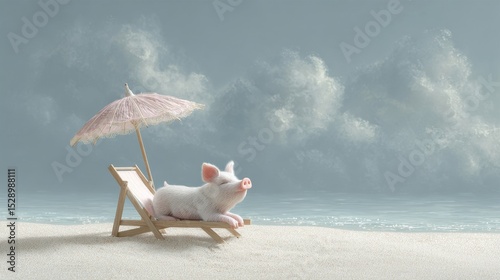 Relaxing Pig on Beach Under Umbrella Enjoys Vacation by the Calm Ocean Waves