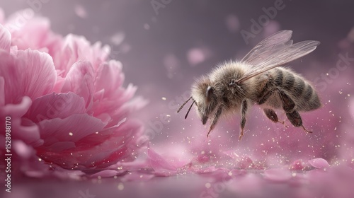 Hyperrealistic Close-Up of Bee Interacting with Delicate Pink Flower Petals