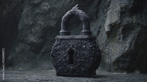 Intricate Obsidian Padlock with Hyperrealistic Details Set Against Stone Background