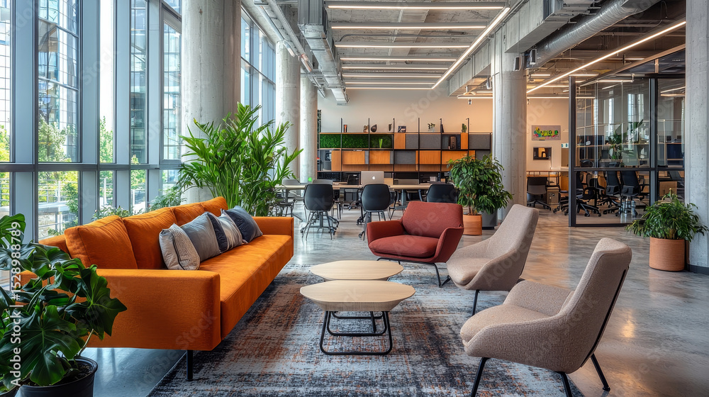 Fototapeta premium Modern office lounge with stylish furniture, well-lit interior, and cozy seating areas ideal for collaborative work and relaxation