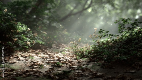 Lush Forest Floor with Dappled Natural Lighting and Fallen Leaves in a Serene Environment