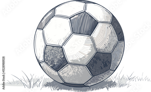 Clean minimal vector illustration of a classic soccer ball with shaded black and white pentagon and hexagon patterns realistic design isolated on a white background.